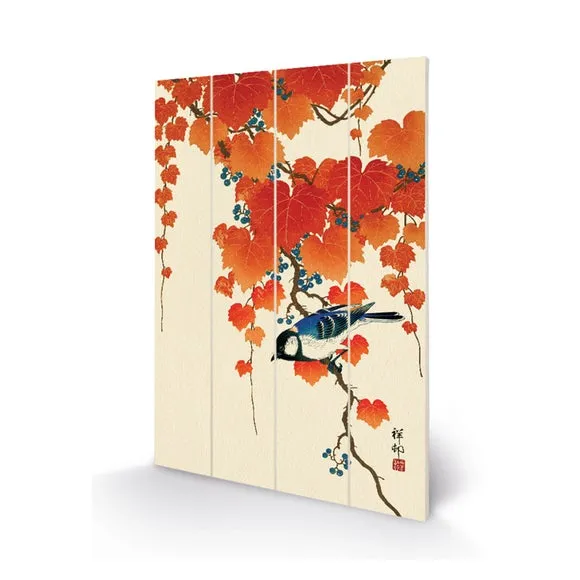 Bird and Red Ivy Wooden Wall Art - Orange