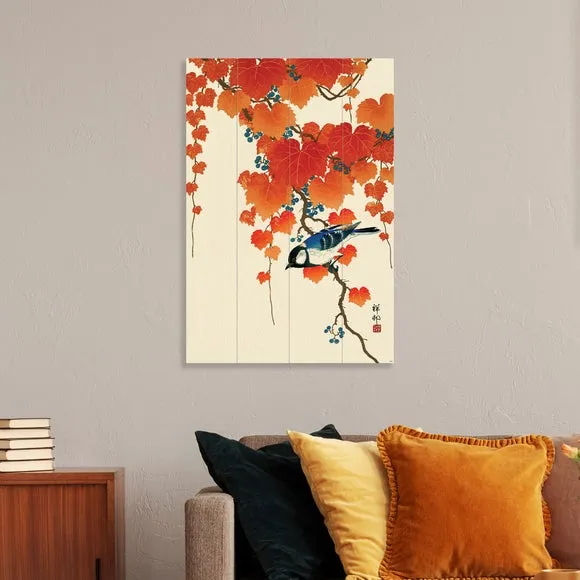 Bird and Red Ivy Wooden Wall Art - Orange image