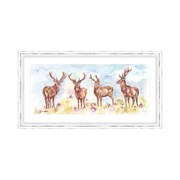 Framed Print with Stag Herd - Multicolor