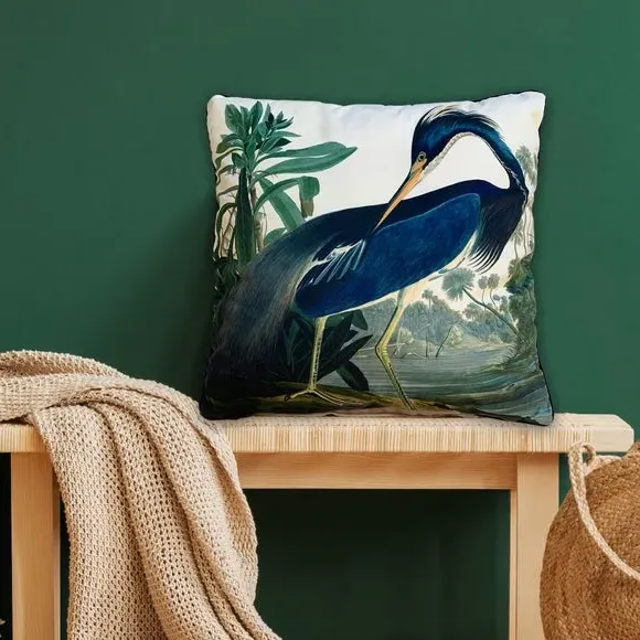 Square Cushion Louisiana Heron Print - Blue, Velvet