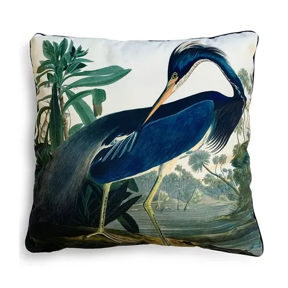 Square Cushion Louisiana Heron Print - Blue, Velvet image