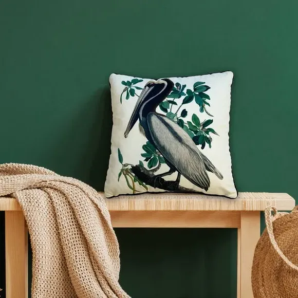 Square Cushion with Bird Print - White, Velvet