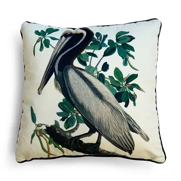 Square Cushion with Bird Print - White, Velvet image