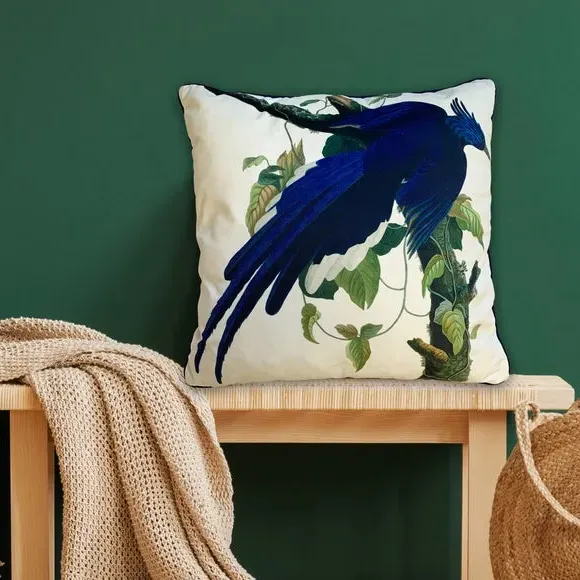 Square Cushion with Columbia Jay Print - Blue, Velvet