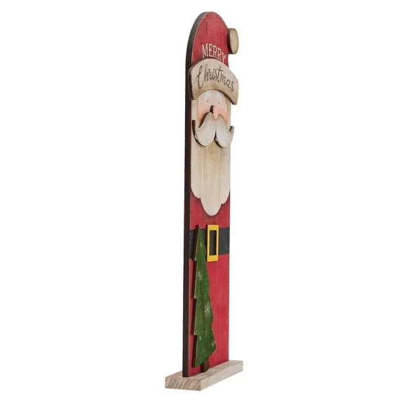 Santa Christmas Ornament with Base - Red, Wood