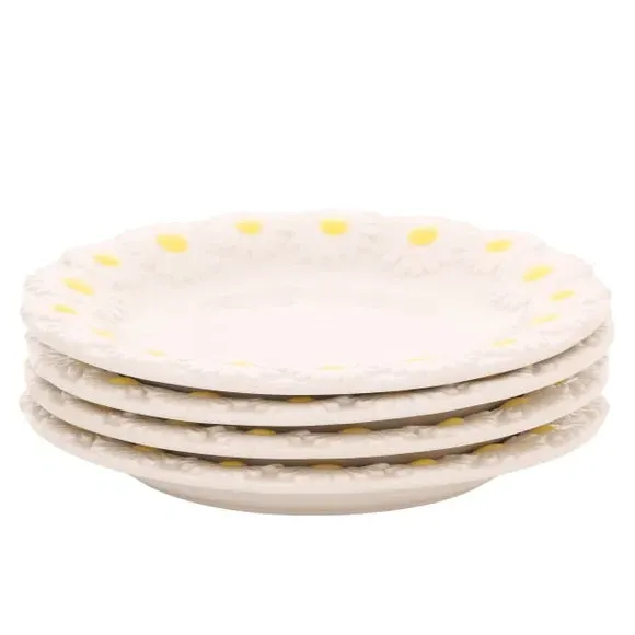 Set of 4 Dinner Plates with Daisy Design - White