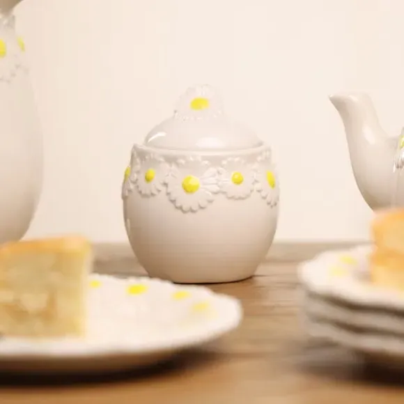 Sugar Bowl with Daisy Pattern - White, Ceramic