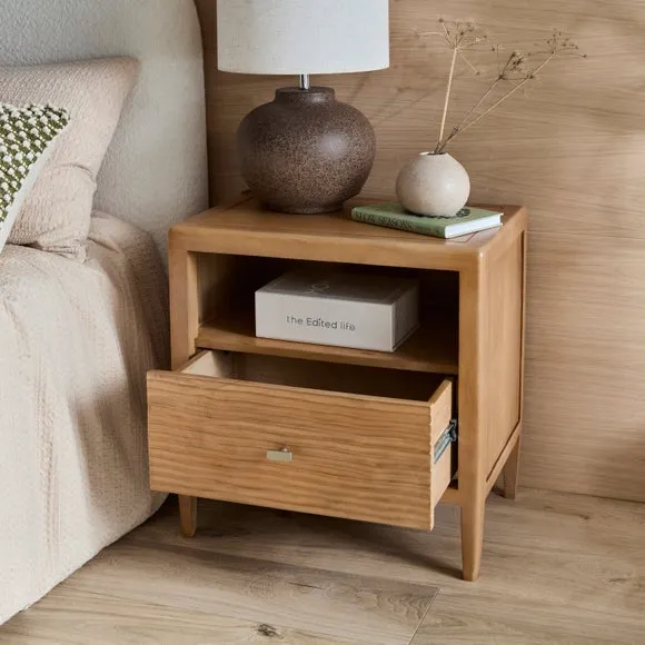 1 Drawer Bedside Table Hand Carved - Light Wood