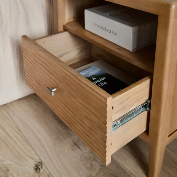 1 Drawer Bedside Table Hand Carved - Light Wood