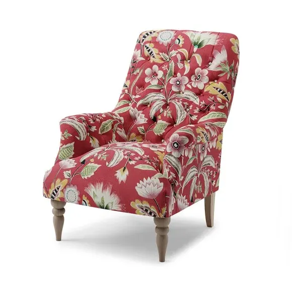 Button Tufted Armchair - Red, Floral Print