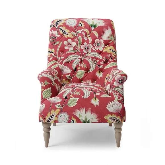 Button Tufted Armchair - Red, Floral Print