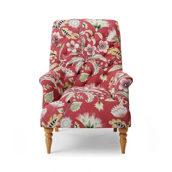 Button Tufted Armchair - Red, Floral Print
