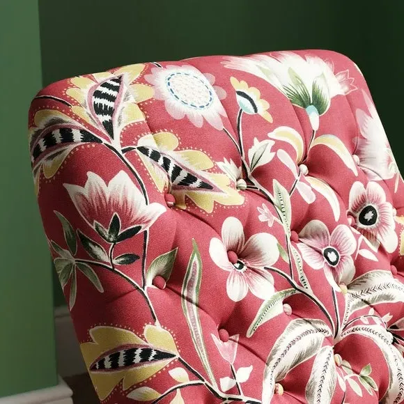 Button Tufted Armchair - Red, Floral Print