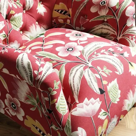 Button Tufted Armchair - Red, Floral Print