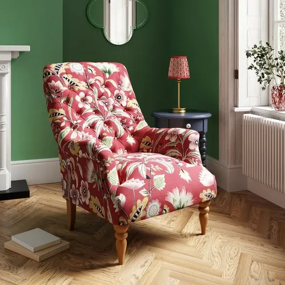Button Tufted Armchair - Red, Floral Print