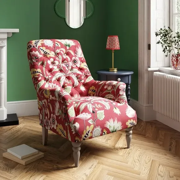 Button Tufted Armchair - Red, Floral Print image