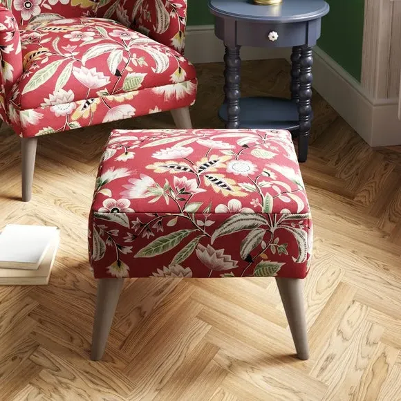 Footstool with Floral Print - Red, Fabric