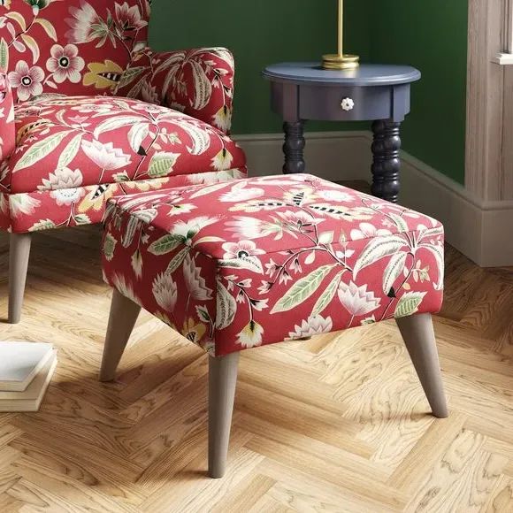 Footstool with Floral Print - Red, Fabric