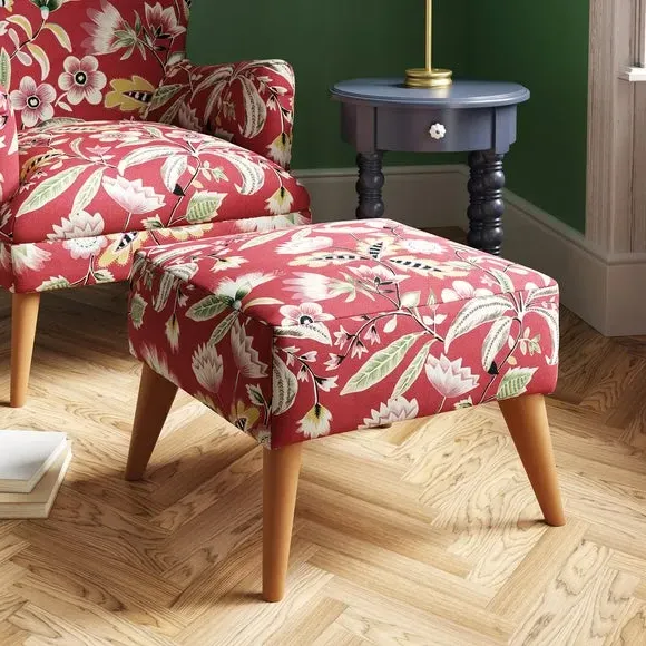 Footstool with Floral Print - Red, Fabric image