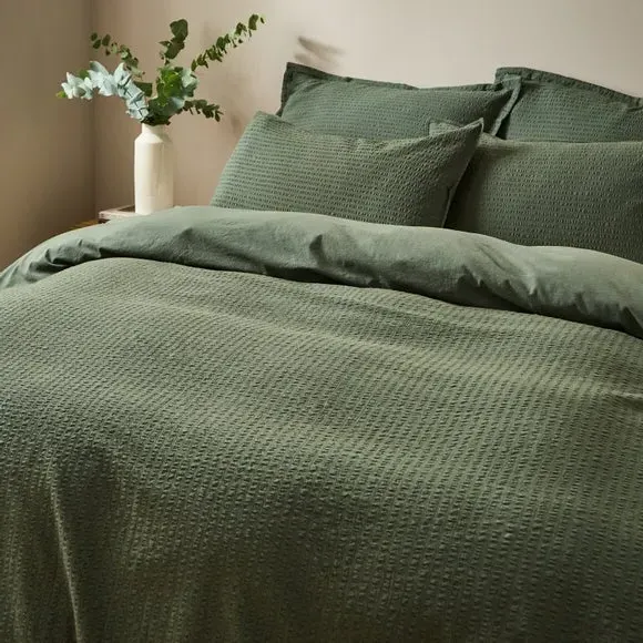 Seersucker Duvet Cover Set - Green, Cotton