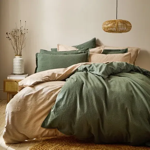 Seersucker Duvet Cover Set - Green, Cotton