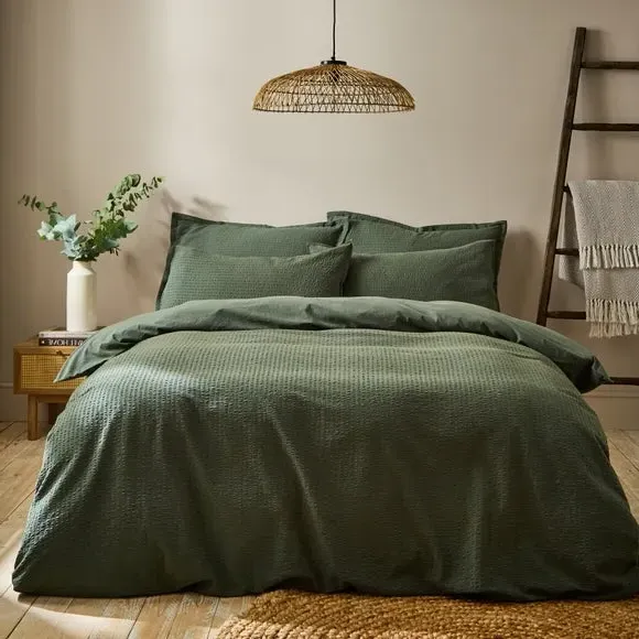 Seersucker Duvet Cover Set - Green, Cotton
