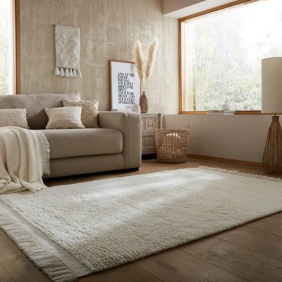 Shaggy Rug with Tassels - Ivory, New Zealand Wool