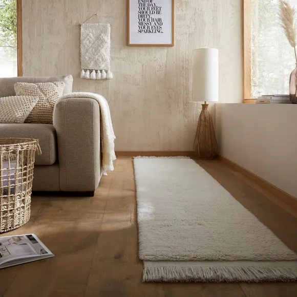 Shaggy Wool Runner with Tassels - Ivory, Wool