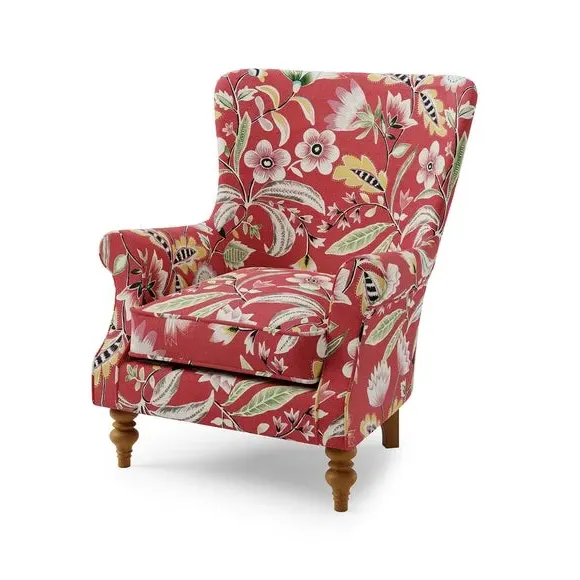 Wingback Armchair with Scrolled Arms - Red Floral