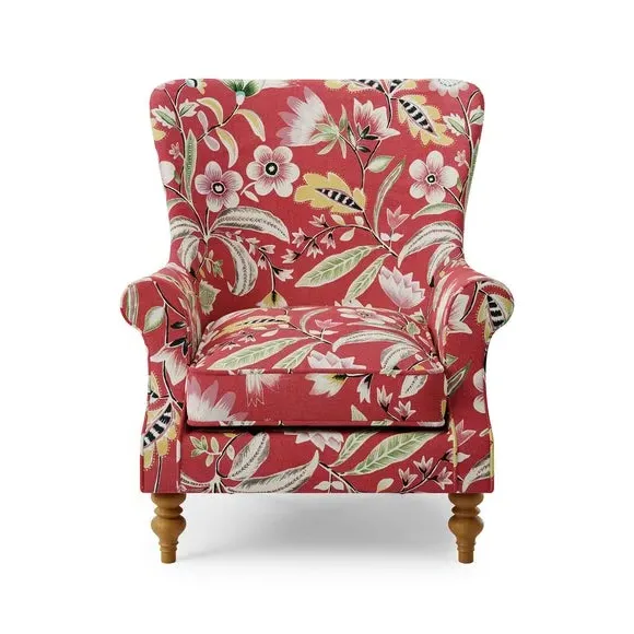 Wingback Armchair with Scrolled Arms - Red Floral