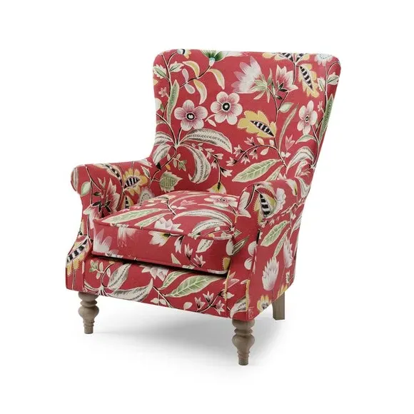 Wingback Armchair with Scrolled Arms - Red Floral