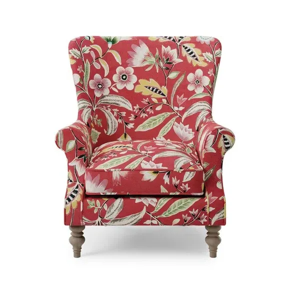 Wingback Armchair with Scrolled Arms - Red Floral