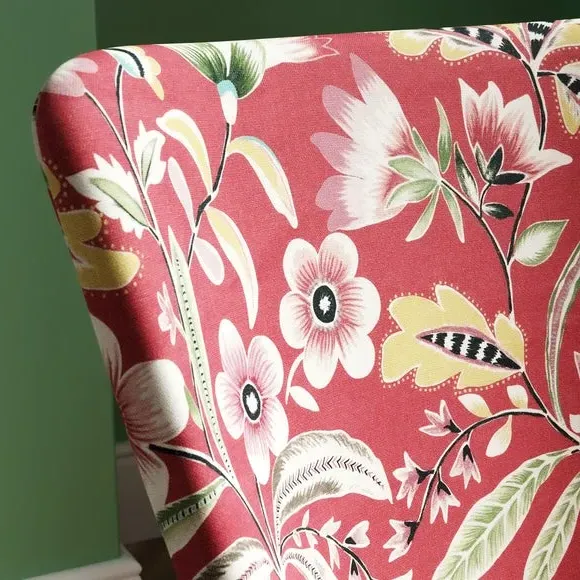 Wingback Armchair with Scrolled Arms - Red Floral