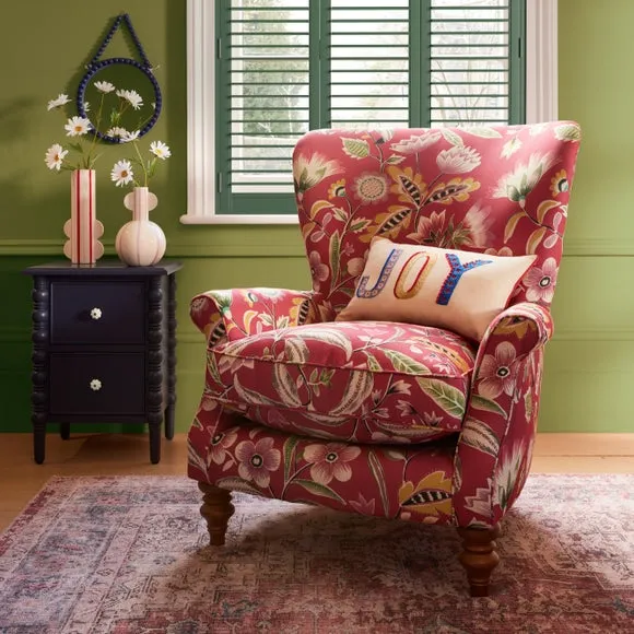 Wingback Armchair with Scrolled Arms - Red Floral