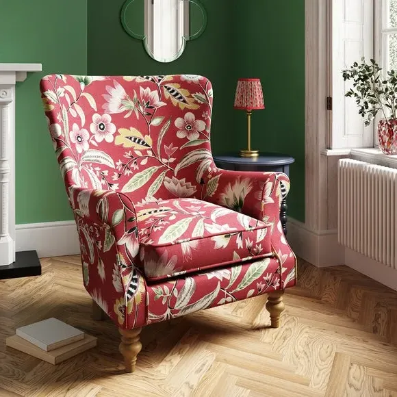 Wingback Armchair with Scrolled Arms - Red Floral image