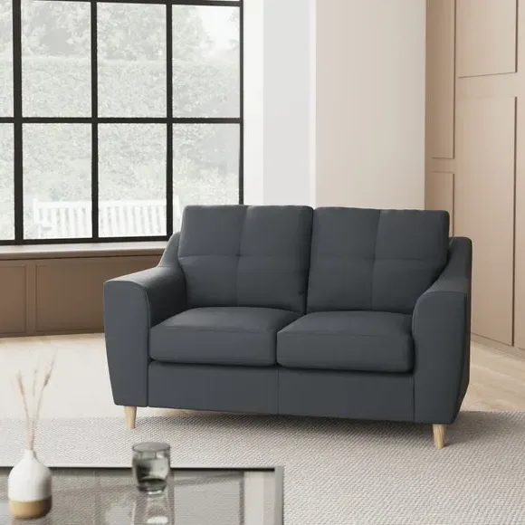 2-Seater Sofa with Oak Legs - Navy, Faux Leather image