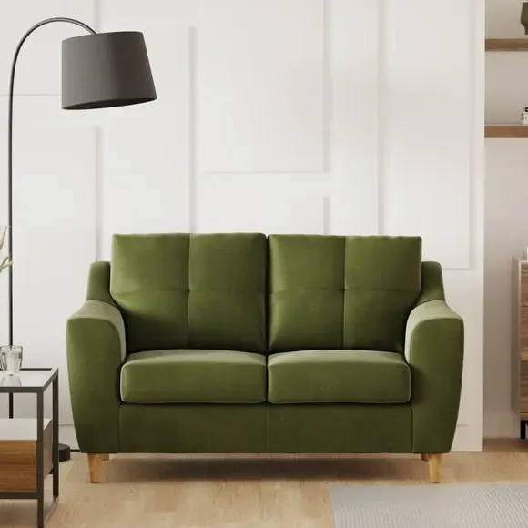 2-Seater Sofa with Pinched Cushions - Olive, Velvet