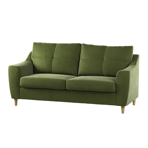 3-Seater Sofa with Pinched Cushions - Olive, Velvet