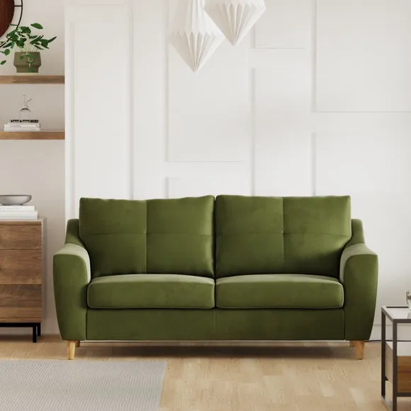 3-Seater Sofa with Pinched Cushions - Olive, Velvet