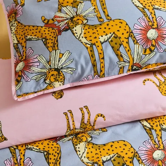 Duvet Cover Set with Cheetah Print - Grey, Cotton