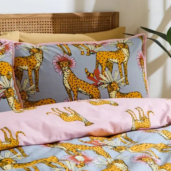 Duvet Cover Set with Cheetah Print - Grey, Cotton