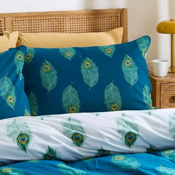 Duvet Cover Set with Peacock Feather - Teal, Cotton