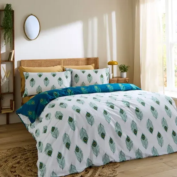 Duvet Cover Set with Peacock Feather - Teal, Cotton