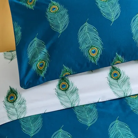 Duvet Cover Set with Peacock Feather - Teal, Cotton