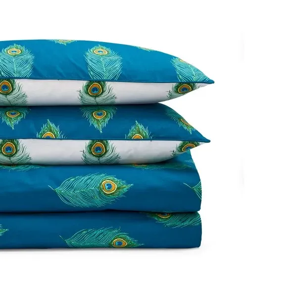 Duvet Cover Set with Peacock Feather - Teal, Cotton