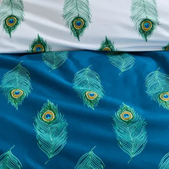 Duvet Cover Set with Peacock Feather - Teal, Cotton