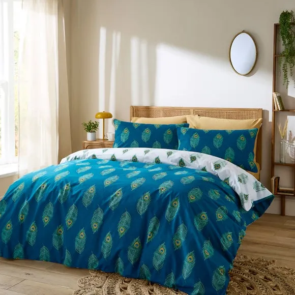 Duvet Cover Set with Peacock Feather - Teal, Cotton image