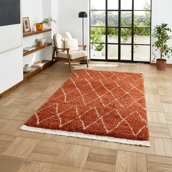 Abstract Shaggy Rug - Rust