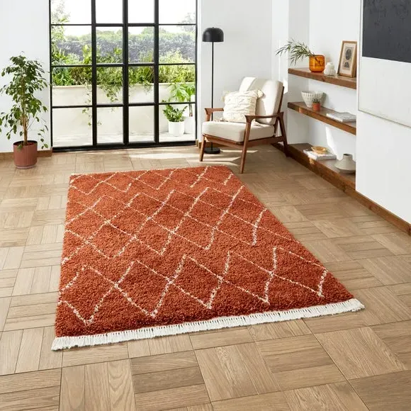 Abstract Shaggy Rug - Rust