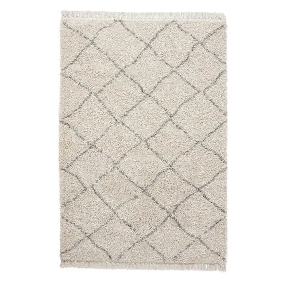 Abstract Shaggy Rug with Fringe - Cream